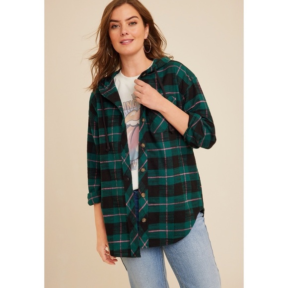 MAURICES Green Plaid Hooded Flannel Top - Picture 2 of 5